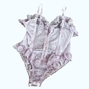 Vtg 70s Lavender Lace Teddy Lingerie Ruffle Trim Bodysuit Romper Sleepwear S